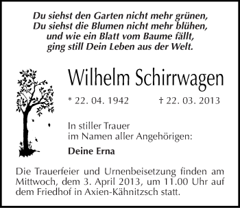 Traueranzeige von Wilhelm Schirrwagen von Mitteldeutsche Zeitung Wittenberg