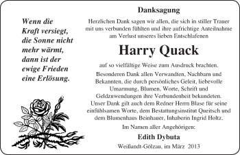 Traueranzeige von Harry Quack von Mitteldeutsche Zeitung Köthen