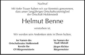 Traueranzeige von Helmut Benne von Mitteldeutsche Zeitung Sangerhausen