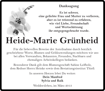 Traueranzeige von Heide-Marie Grünheid von Mitteldeutsche Zeitung Quedlinburg