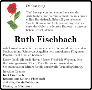 Traueranzeige von Ruth Fischbach von Mitteldeutsche Zeitung Quedlinburg