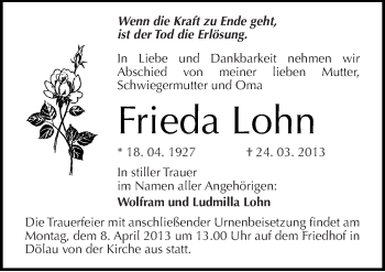Traueranzeige von Frieda Lohn von Mitteldeutsche Zeitung Halle/Saalkreis