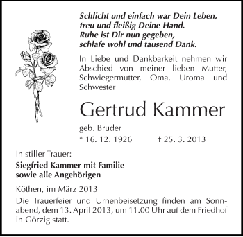 Traueranzeige von Gertrud Kammer von Mitteldeutsche Zeitung Köthen