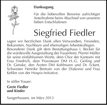 Traueranzeige von Siegfried Fiedler von Mitteldeutsche Zeitung Sangerhausen