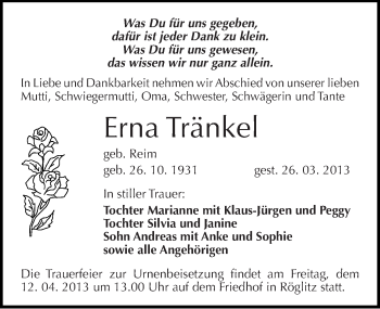 Traueranzeige von Erna Tränkel von Mitteldeutsche Zeitung Merseburg/Querfurt