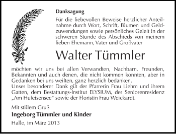 Traueranzeige von Walter Tümmler von Mitteldeutsche Zeitung Halle/Saalkreis