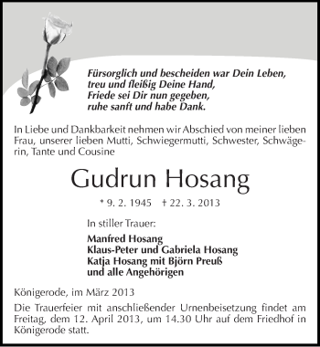 Traueranzeige von Gudrun Hosang von Mitteldeutsche Zeitung Quedlinburg
