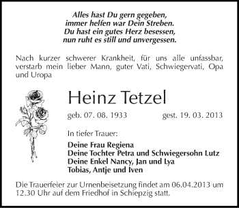 Traueranzeige von Heinz Tetzel von Mitteldeutsche Zeitung Halle/Saalkreis
