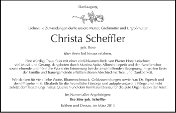 Traueranzeige von Christa Scheffler von Mitteldeutsche Zeitung Köthen