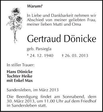 Traueranzeige von Gertraud Dönicke von Mitteldeutsche Zeitung Mansfelder Land