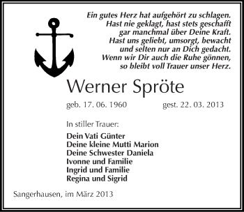 Traueranzeige von Werner Spröte von Mitteldeutsche Zeitung Sangerhausen