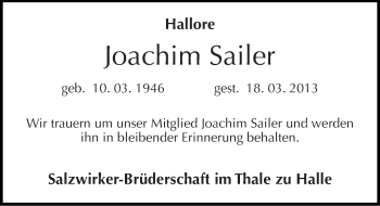 Traueranzeige von Joachim Sailer von Mitteldeutsche Zeitung Halle/Saalkreis