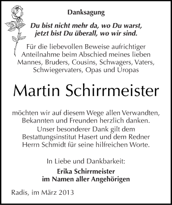 Traueranzeige von Martin Schirrmeister von Mitteldeutsche Zeitung Wittenberg