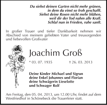 Traueranzeige von Joachim Groß von Mitteldeutsche Zeitung Aschersleben