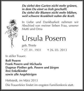 Traueranzeige von Ursula Posern von Mitteldeutsche Zeitung Mansfelder Land