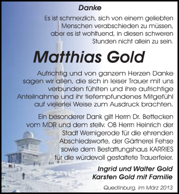 Traueranzeige von Matthias Gold von Mitteldeutsche Zeitung Quedlinburg