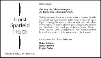 Traueranzeige von Horst Sparfeld von Mitteldeutsche Zeitung Dessau-Roßlau