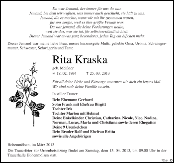 Traueranzeige von Rita Kraska von Mitteldeutsche Zeitung Weißenfels