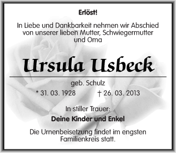 Traueranzeige von Ursula Usbeck von Mitteldeutsche Zeitung Halle/Saalkreis