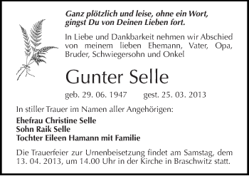 Traueranzeige von Gunter Selle von Mitteldeutsche Zeitung Halle/Saalkreis