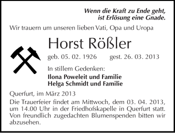 Traueranzeige von Horst Rößler von Mitteldeutsche Zeitung Merseburg/Querfurt