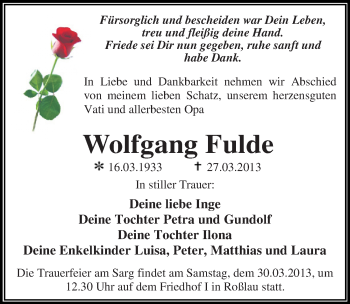 Traueranzeige von Wolfgang Fulde von Mitteldeutsche Zeitung Dessau-Roßlau