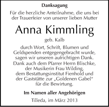 Traueranzeige von Anna Kimmling von Mitteldeutsche Zeitung Sangerhausen