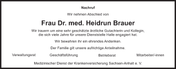 Traueranzeige von Heidrun Brauer von Mitteldeutsche Zeitung Halle/Saalkreis