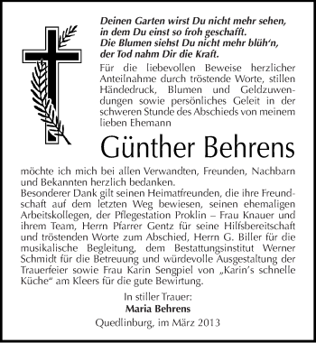 Traueranzeige von Günther Behrens von Mitteldeutsche Zeitung Quedlinburg