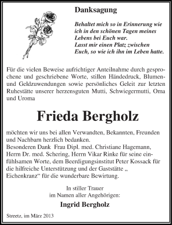 Traueranzeige von Frieda Bergholz von Mitteldeutsche Zeitung Dessau-Roßlau