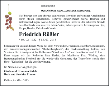 Traueranzeige von Friedrich Rößler von Mitteldeutsche Zeitung Sangerhausen