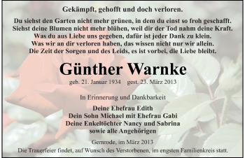 Traueranzeige von Günther Warnke von Mitteldeutsche Zeitung Quedlinburg
