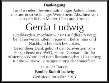 Traueranzeige von Gerda Ludwig von Mitteldeutsche Zeitung Mansfelder Land