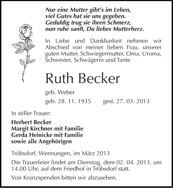 Traueranzeige von Ruth Becker von Mitteldeutsche Zeitung Naumburg/Nebra