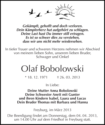 Traueranzeige von Olaf Bobolowski von Mitteldeutsche Zeitung Naumburg/Nebra