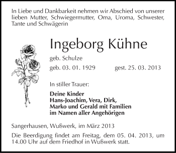 Traueranzeige von Ingeborg Kühne von Mitteldeutsche Zeitung Sangerhausen