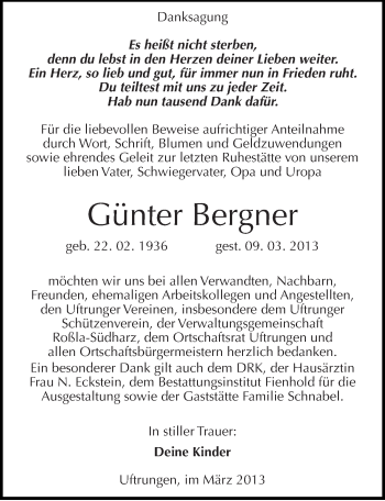 Traueranzeige von Günter Bergner von Mitteldeutsche Zeitung Sangerhausen