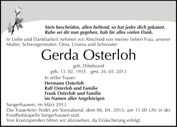 Traueranzeige von Gerda Osterloh von Mitteldeutsche Zeitung Sangerhausen