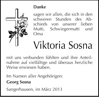 Traueranzeige von Viktoria Sosna von Mitteldeutsche Zeitung Sangerhausen