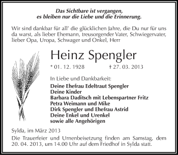 Traueranzeige von Heinz Spengler von Mitteldeutsche Zeitung Mansfelder Land