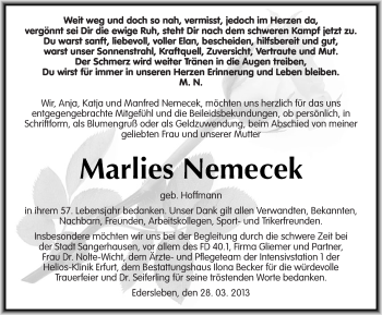 Traueranzeige von Marlies Nemecek von Mitteldeutsche Zeitung Sangerhausen