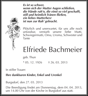 Traueranzeige von Elfriede Bachmeier von Mitteldeutsche Zeitung Mansfelder Land