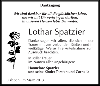 Traueranzeige von Lothar Spatzier von Mitteldeutsche Zeitung Mansfelder Land