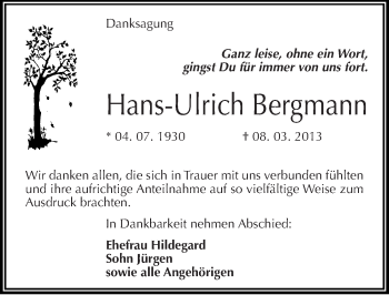 Traueranzeige von Hans-Ulrich Bergmann von Mitteldeutsche Zeitung Halle/Saalkreis