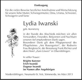 Traueranzeige von Lydia Iwanski von Mitteldeutsche Zeitung Sangerhausen