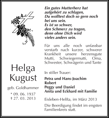 Traueranzeige von Helga Kugust von Mitteldeutsche Zeitung Mansfelder Land