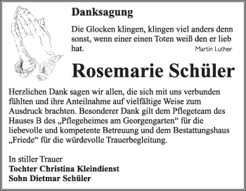 Traueranzeige von Rosemarie Schüler von Super Sonntag Dessau / Köthen