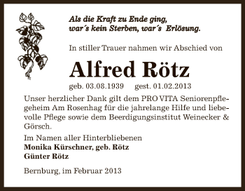 Traueranzeige von Alfred Rötz von Super Sonntag Bernburg