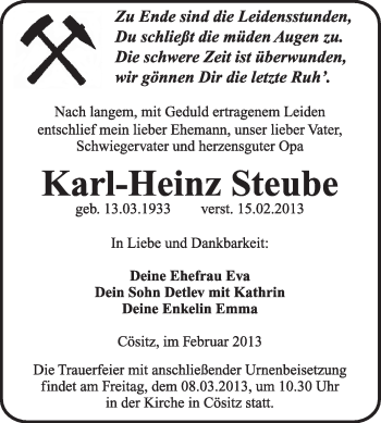 Traueranzeige von Karl-Heinz Steube von Super Sonntag Dessau / Köthen