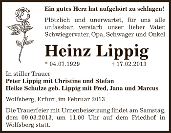 Traueranzeige von Heinz Lippig von Super Sonntag SGH Mansf. Land